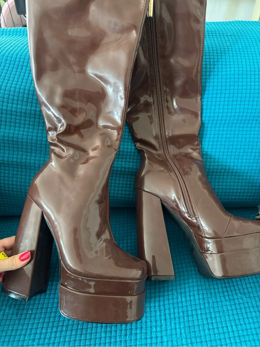 Chocolate Brown Patent Platform Knee High Boots Y2K Bratz 6” Heel. Never worn